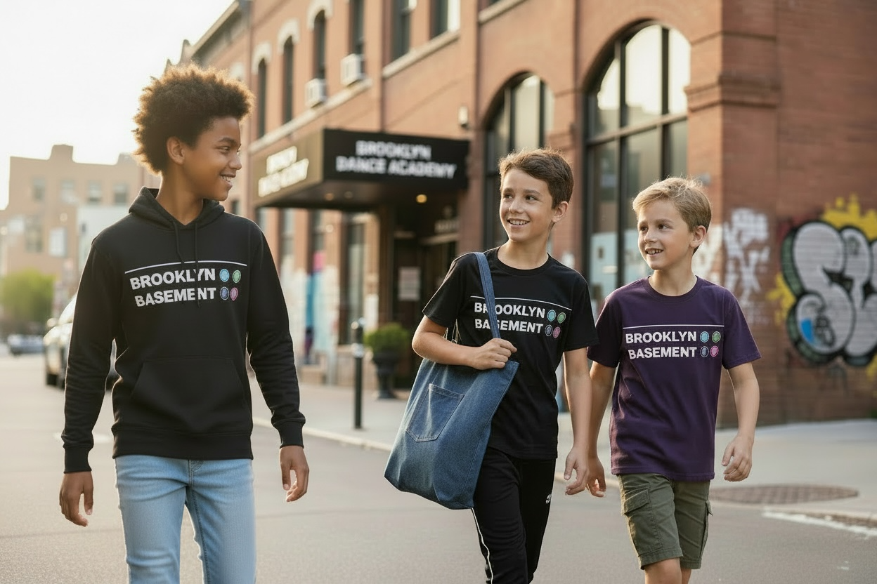 Kids wearing Brooklyn Basement graphic shirts walking together