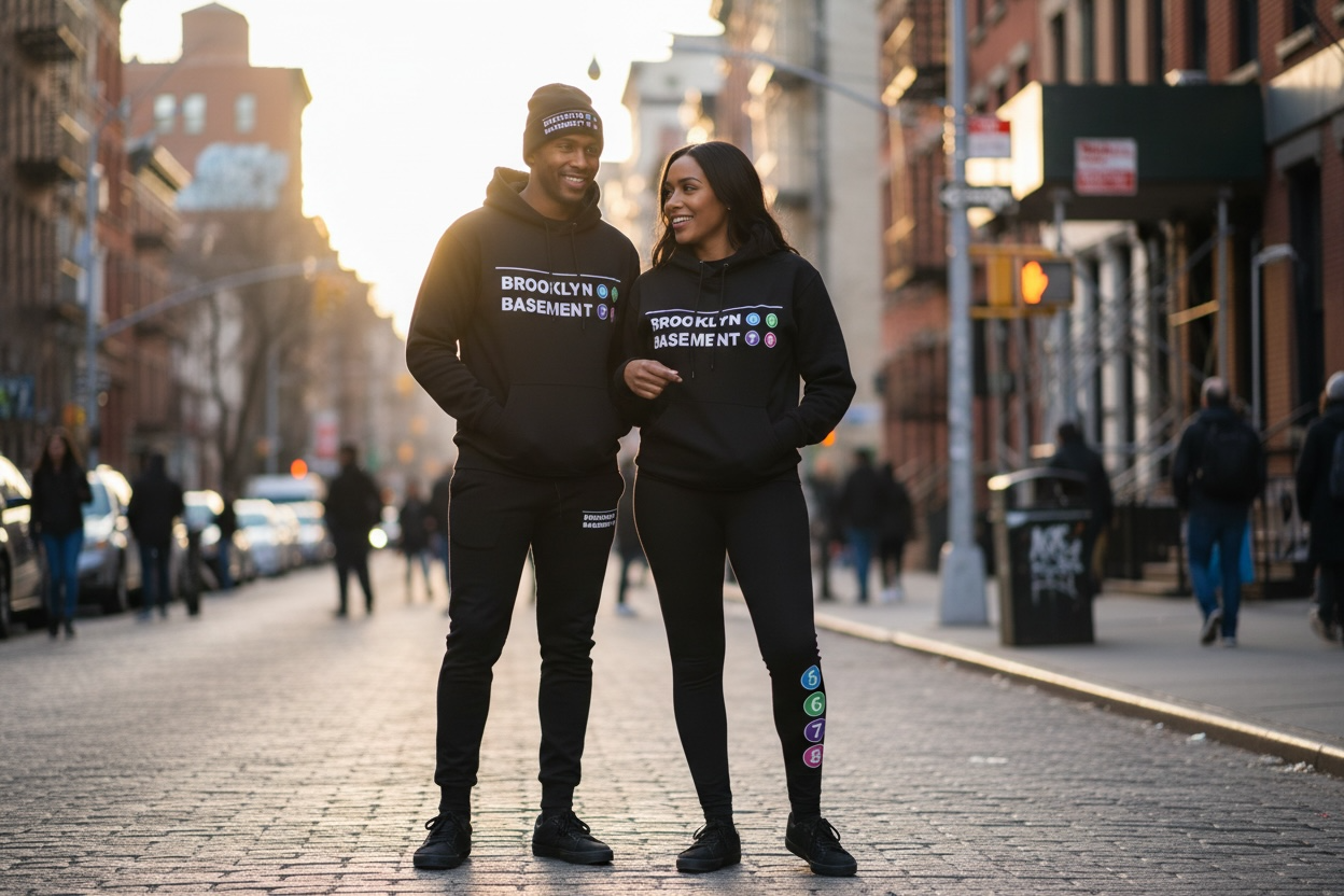 Adults wearing Brooklyn Basement apparel on a Brooklyn street